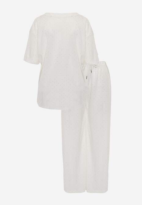 Biały Oversizowy Komplet Zdobiony Cyrkoniami T-shirt i Spodnie Arnateia 7