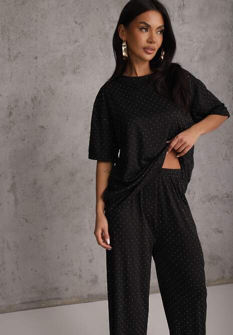 Czarny Oversizowy Komplet Zdobiony Cyrkoniami T-shirt i Spodnie Arnateia 5
