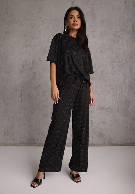 Czarny Oversizowy Komplet Zdobiony Cyrkoniami T-shirt i Spodnie Arnateia