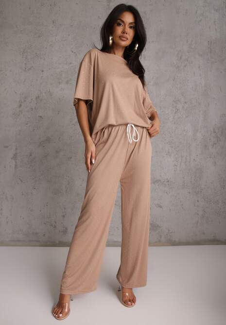 Beżowy Oversizowy Komplet Zdobiony Cyrkoniami T-shirt i Spodnie Arnateia