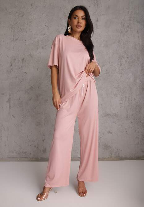 Różowy Oversizowy Komplet Zdobiony Cyrkoniami T-shirt i Spodnie Arnateia 4