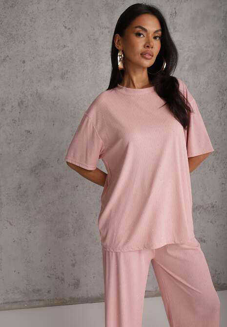 Różowy Oversizowy Komplet Zdobiony Cyrkoniami T-shirt i Spodnie Arnateia 5