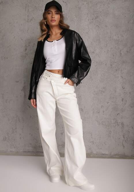 Biały Prążkowany Top z Bawełny Ozdobiony Guzikami przy Dekolcie Beralissa 4