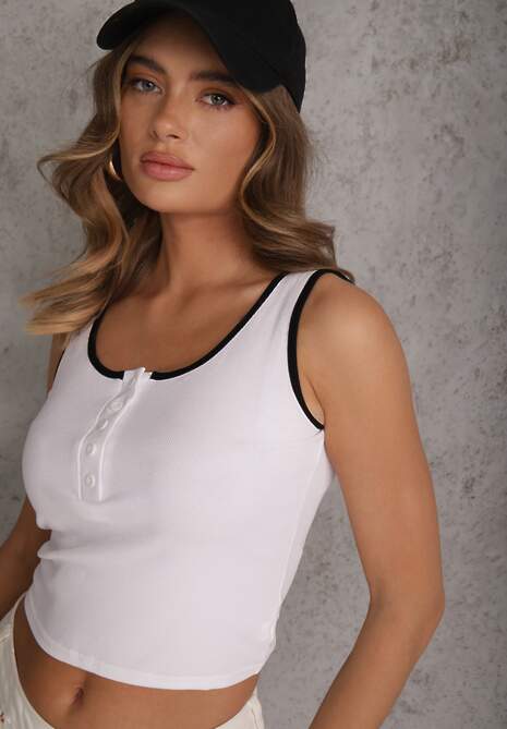 Biały Prążkowany Top z Bawełny Ozdobiony Guzikami przy Dekolcie Beralissa 5