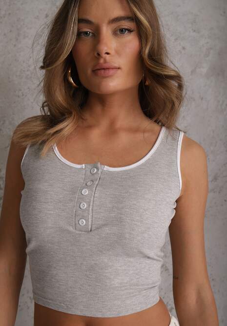 Szary Prążkowany Top z Bawełny Ozdobiony Guzikami przy Dekolcie Beralissa 5