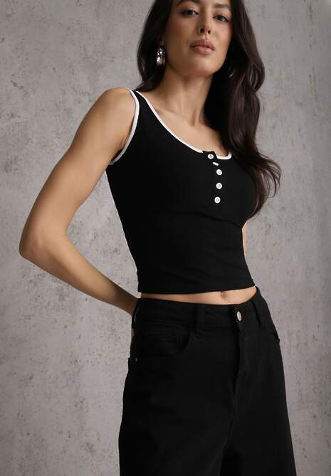 Czarny Prążkowany Top z Bawełny Ozdobiony Guzikami przy Dekolcie Beralissa 4
