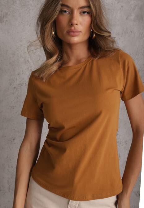 Brązowy T-shirt z Bawełny z Okrągłym Dekoltem Nedima 4