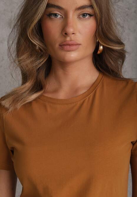 Brązowy T-shirt z Bawełny z Okrągłym Dekoltem Nedima 5