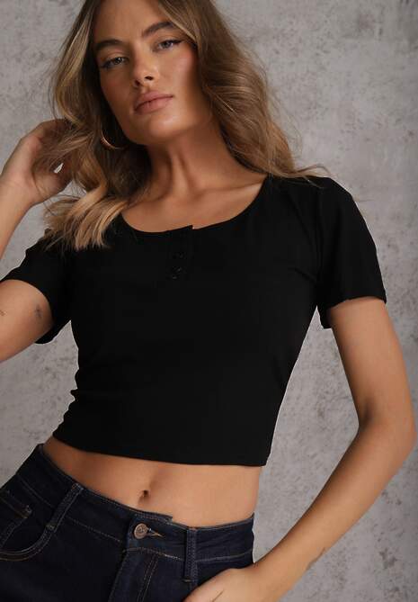 Czarny Top z Bawełny Ozdobiony Guzikami przy Dekolcie Nediva 4