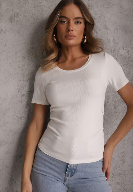 Biały T-shirt w Prążki z Marszczeniami po Bokach Nedala 4