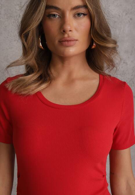 Czerwony T-shirt w Prążki z Marszczeniami po Bokach Nedala 5