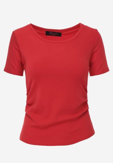 Czerwony T-shirt w Prążki z Marszczeniami po Bokach Nedala 6