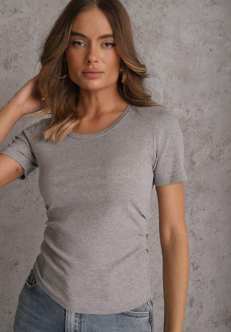 Szary T-shirt w Prążki z Marszczeniami po Bokach Nedala 4