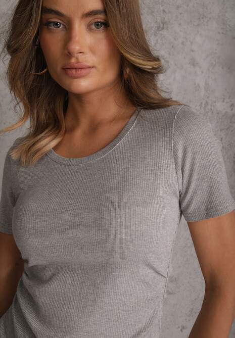 Szary T-shirt w Prążki z Marszczeniami po Bokach Nedala 5