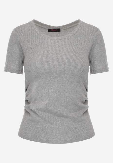 Szary T-shirt w Prążki z Marszczeniami po Bokach Nedala 6