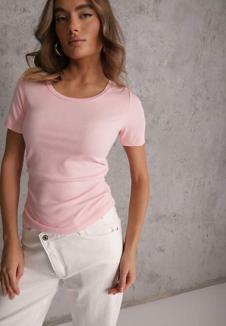 Różowy T-shirt w Prążki z Marszczeniami po Bokach Nedala 4