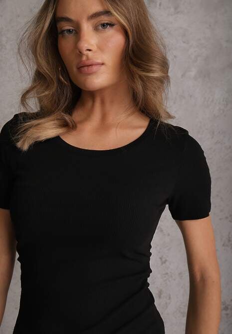 Czarny T-shirt w Prążki z Marszczeniami po Bokach Nedala 5