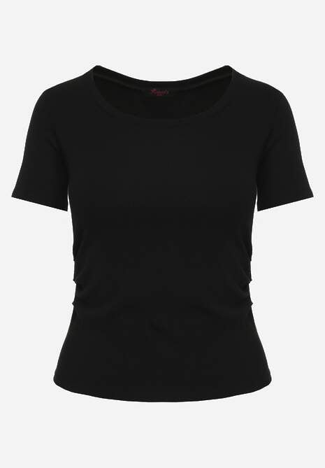 Czarny T-shirt w Prążki z Marszczeniami po Bokach Nedala 6