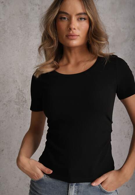 Czarny T-shirt w Prążki z Marszczeniami po Bokach Nedala