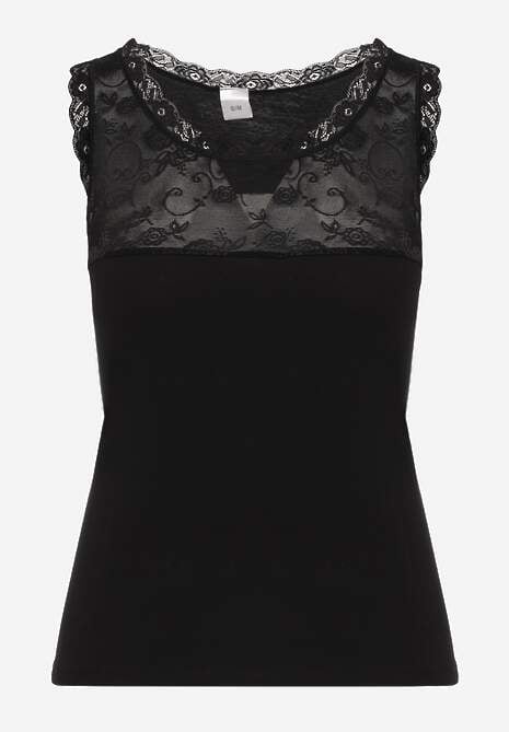 Czarny Top z Bawełny Ozdobiony u Góry Koronką Berice 6