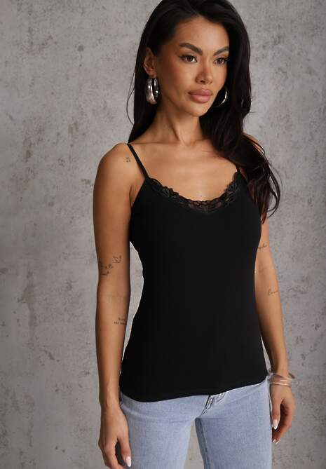 Czarny Bieliźniany Top na Ramiączkach z Bawełny Zdobiony Koronką Bernelle 4