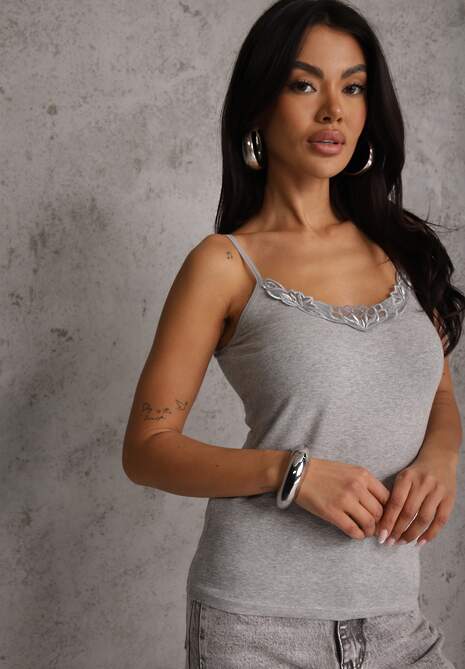 Ciemnoszary Bieliźniany Top na Ramiączkach z Bawełny Zdobiony Koronką Bernelle 4