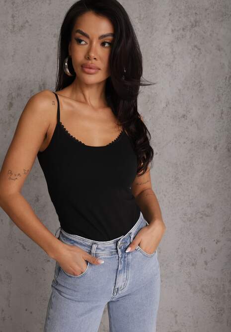 Czarny Bawełniany Top Bieliźniany z Koronką przy Dekolcie Berinda 4