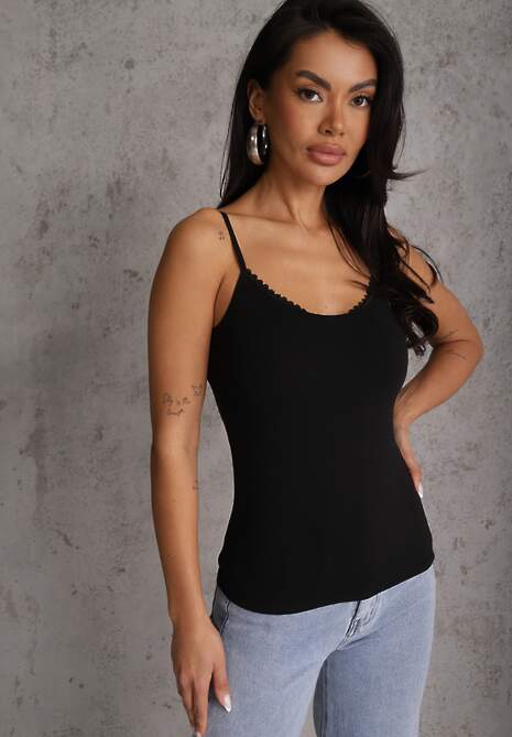 Czarny Bawełniany Top Bieliźniany z Koronką przy Dekolcie Berinda