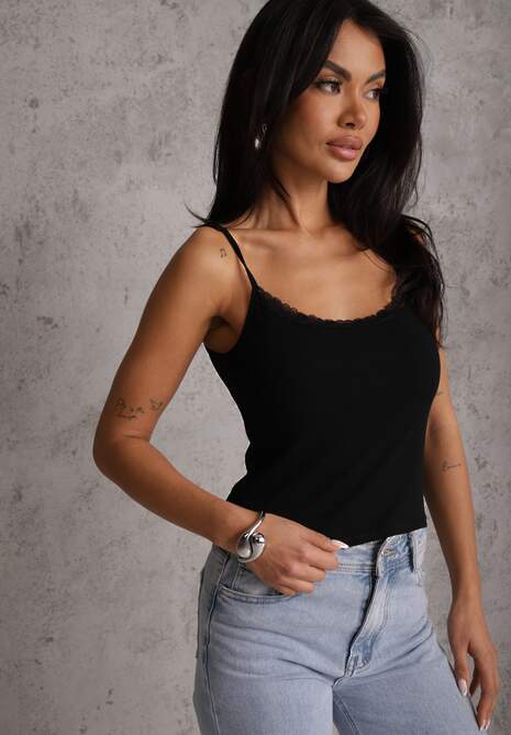 Czarny Bieliźniany Top z Bawełny z Koronką na Regulowanych Ramiączkach Beralisse