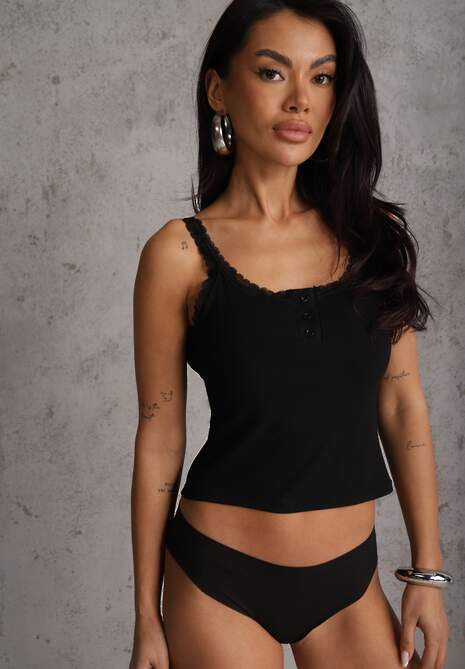 Czarny Bawełniany Top z Koronką i Guzikami przy Dekolcie Berinde 4