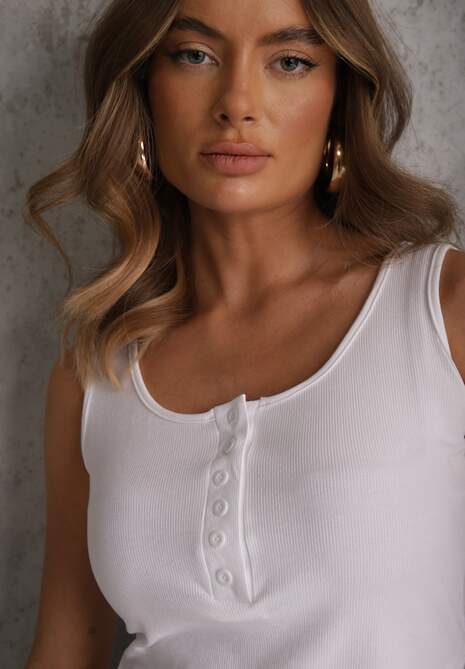 Biały Bawełniany Tank Top w Prążki z Ozdobnymi Guziczkami Bernissa 5