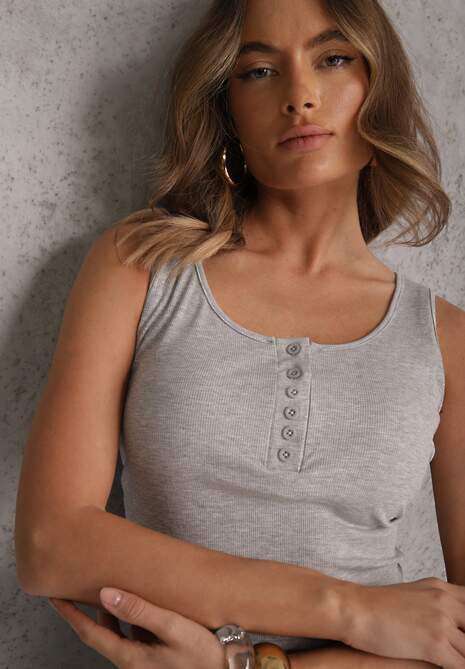 Szary Bawełniany Tank Top w Prążki z Ozdobnymi Guziczkami Bernissa 5