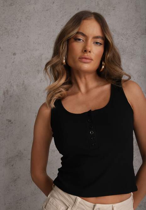 Czarny Bawełniany Tank Top w Prążki z Ozdobnymi Guziczkami Bernissa 5