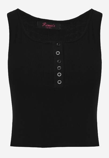 Czarny Bawełniany Tank Top w Prążki z Ozdobnymi Guziczkami Bernissa 6