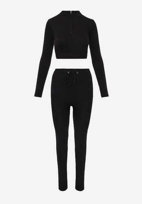Czarny Sportowy Komplet Spodnie Wiązane w Pasie i Top z Wycięciem na Kciuk Tidale 6