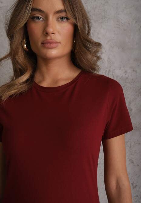 Bordowy T-shirt z Bawełny z Okrągłym Dekoltem Nedima 5
