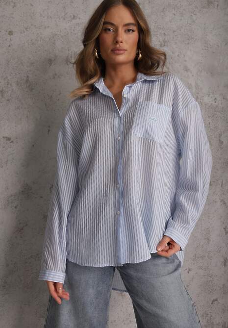 Niebieska Koszula Oversize z Tencelu w Paski z Haftowanym Wzorem Tidore 4