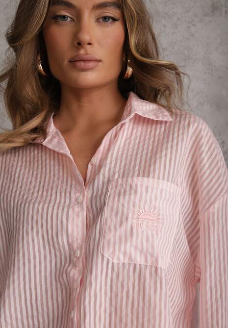 Różowa Koszula Oversize z Tencelu w Paski z Haftowanym Wzorem Tidore 5