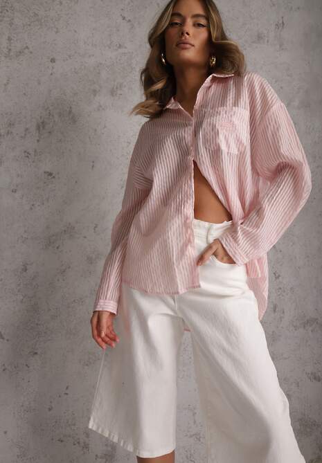 Różowa Koszula Oversize z Tencelu w Paski z Haftowanym Wzorem Tidore