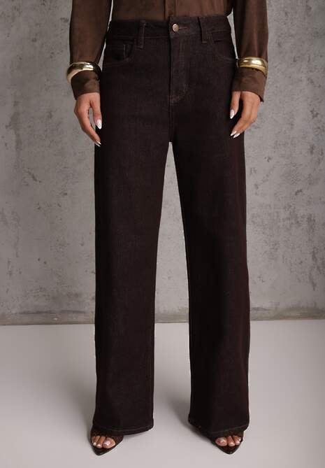 Brązowe Jeansy High Waist Szerokie z Bawełną Azile 4