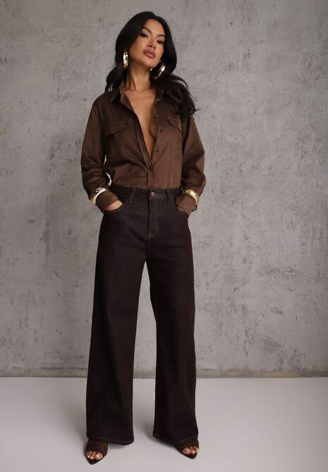 Brązowe Jeansy High Waist Szerokie z Bawełną Azile