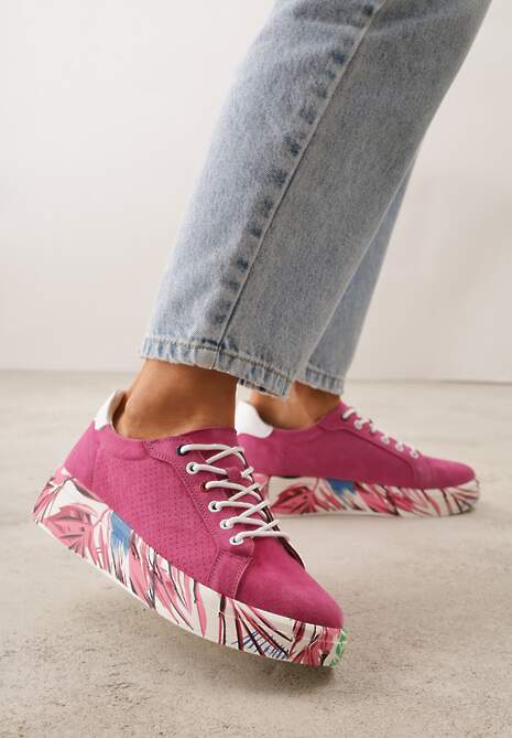 Fuksjowe Skórzane Sneakersy na Plaformie w Pióra z Perforacją Tidessa