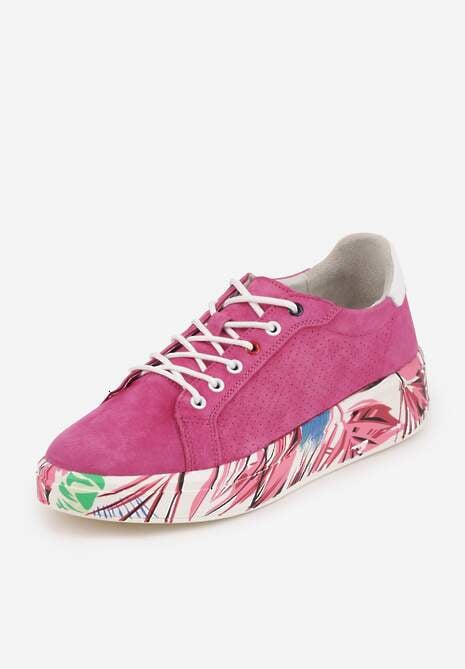 Fuksjowe Skórzane Sneakersy na Plaformie w Pióra z Perforacją Tidessa 5