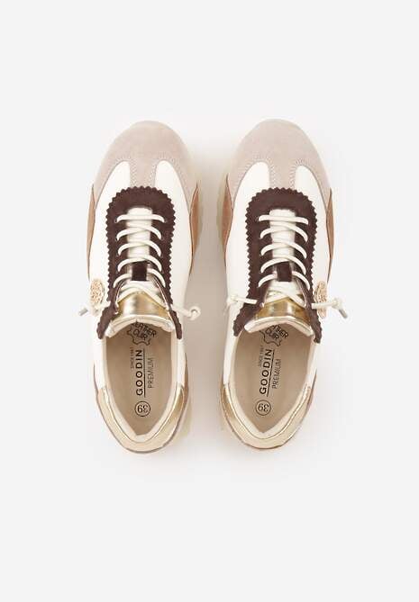 Beżowo-Złote Sneakersy ze Skórzaną Wkładką Ozdobione Metaliczną Aplikacją Tidina 6