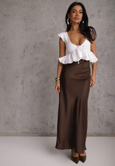 Brązowa Satynowa Spódnica Maxi High Waist Formia 4