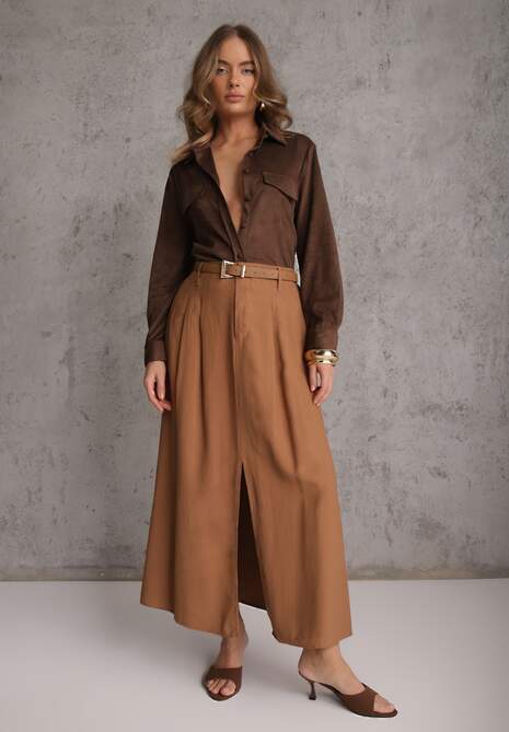 Brązowa Rozkloszowana Spódnica z Wiskozy Zdobiona Rozcięciem i Paskiem Urilia