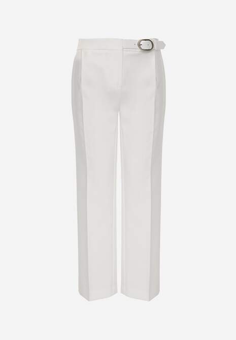 Białe Spodnie Garniturowe na Kant VICES Zdobione Zapięciem z Klamrą Azisore 6