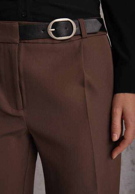 Brązowe Spodnie Garniturowe na Kant VICES Zdobione Zapięciem z Klamrą Azisore 5