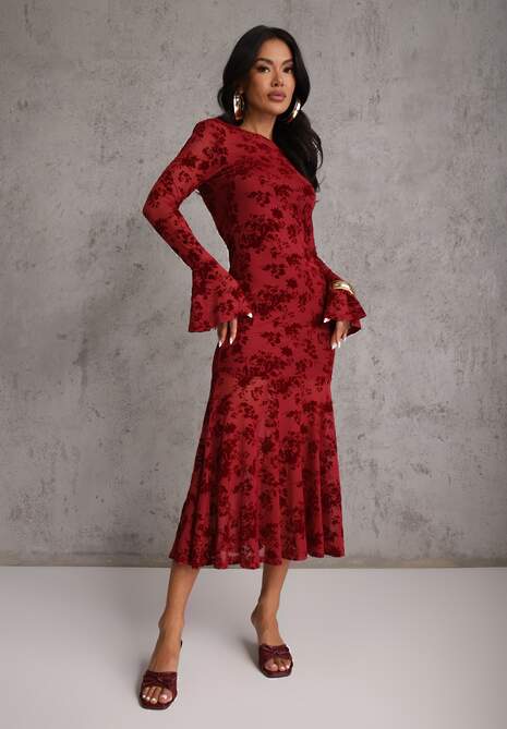 Czerwona Wieczorowa Sukienka VICES z Siateczki z Kwiatowym Wzorem z Weluru Azinene 4