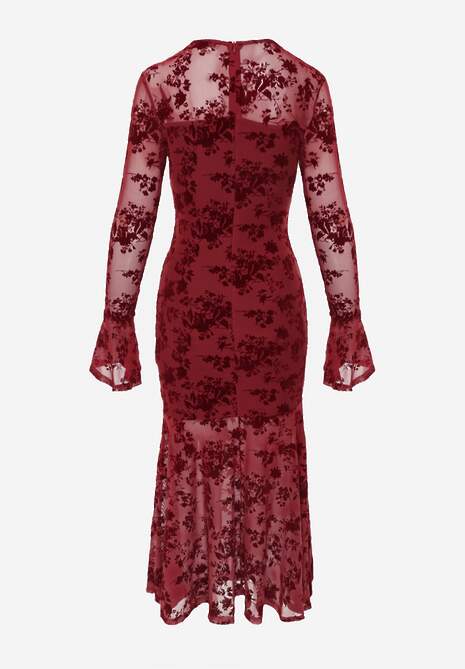 Czerwona Wieczorowa Sukienka VICES z Siateczki z Kwiatowym Wzorem z Weluru Azinene 7